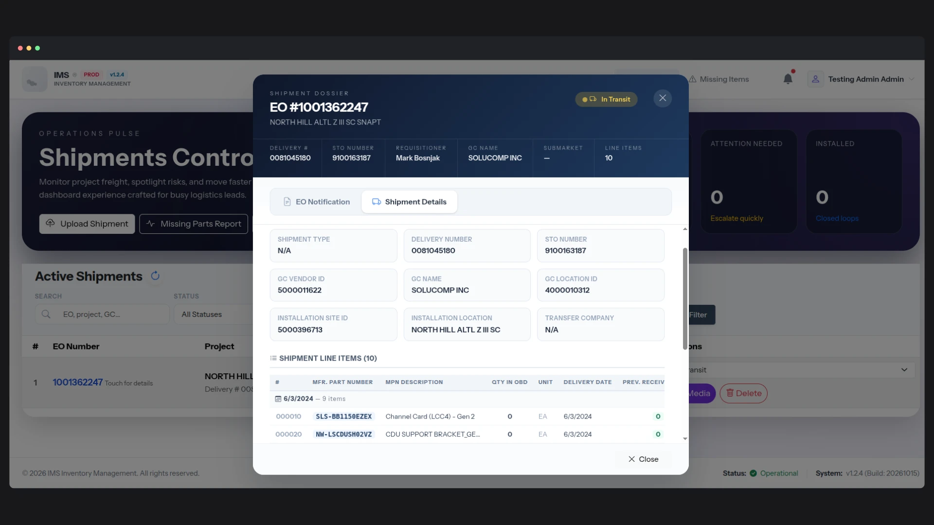 Shipment Tracker & IMS — The accessory drawer holds the full record - shipment type, shipment and delivery numbers, delivery location, installation date - above a line-item table of expected against received quantity.